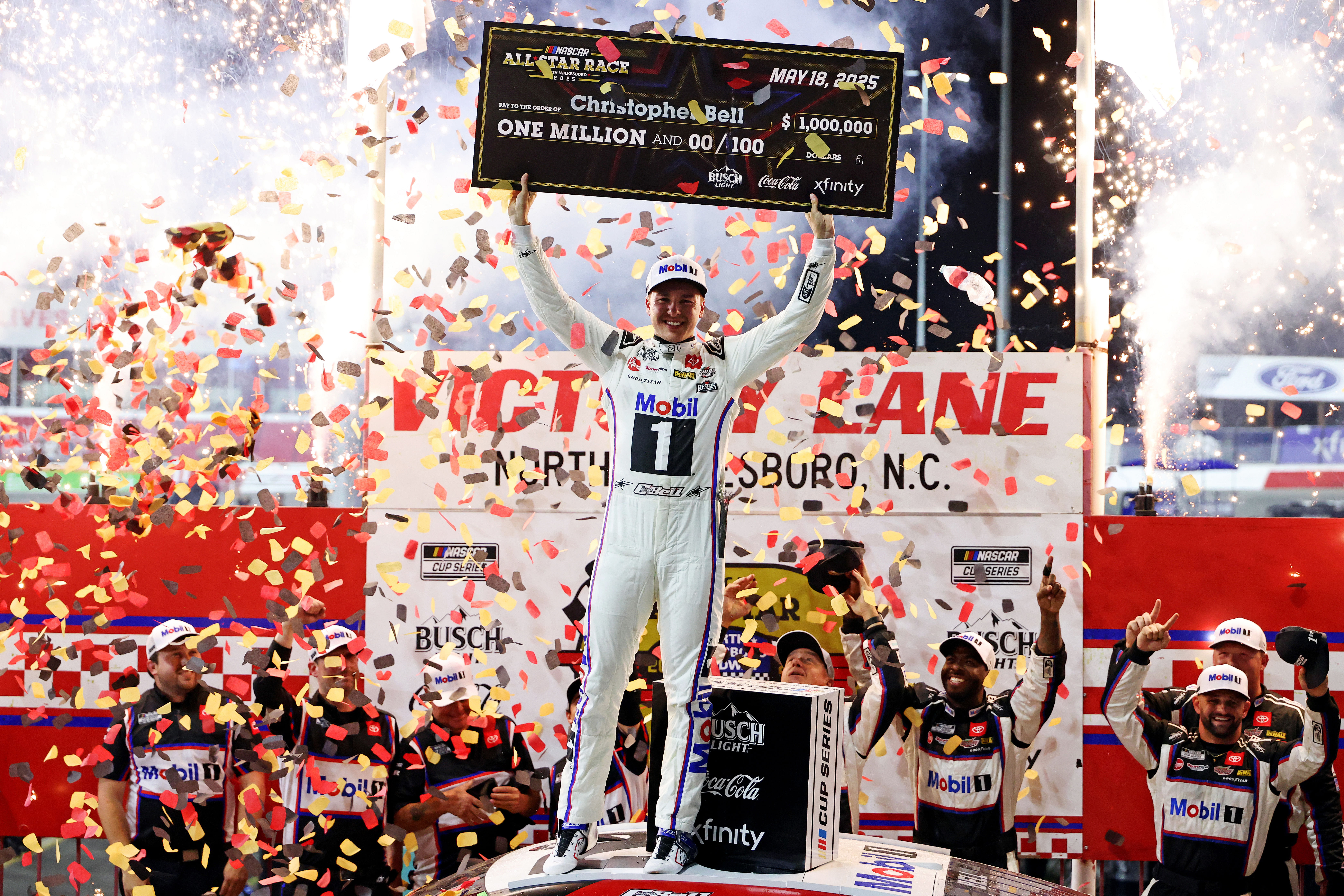 NASCAR Cup Series driver Christopher Bell (20) celebrates winning the NASCAR All-Star Race at North Wilkesboro Speedway - Source: Imagn